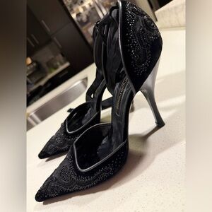 Elegant Beaded & Velvet Black Bow-Tie Heels | Sergio Rossi 39.5